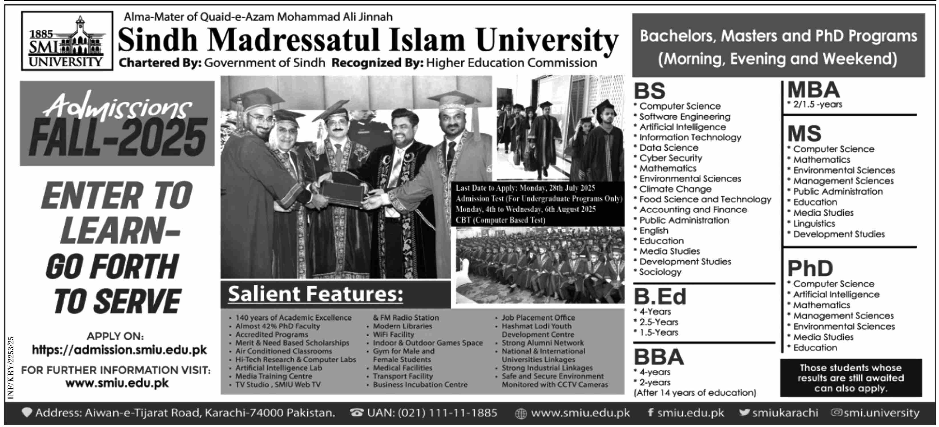 Admission Open in Sindh Madressatul Islam University Karachi